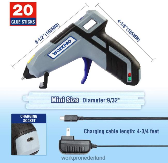 hulpmiddel WORKPRO Draadloos smeltsnel voorverwarmend mini-lijmpistool met 20 stuks premium lijmstift blauw/roze 4NVZH8163
