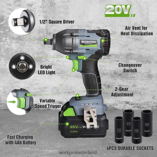 hulpmiddel WORKPRO 20V accu-slagmoersleutel, met 4,0 Ah accu, snellader, 4 slagdoppen en opbergkoffer morden 4NVZH8188
