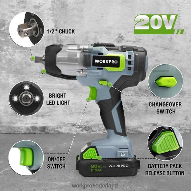 hulpmiddel WORKPRO Accu-slagmoersleutel van 20 V met snellader-riemclip voor gemakkelijk dragen morden 4NVZH8187