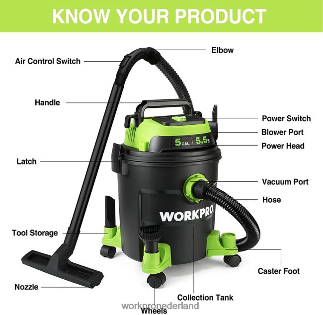 hulpmiddel WORKPRO Winkelstofzuiger van 5 gallon, winkelstofzuiger van 5,5 pk met hepa-filter, slang en accessoires morden 4NVZH8214