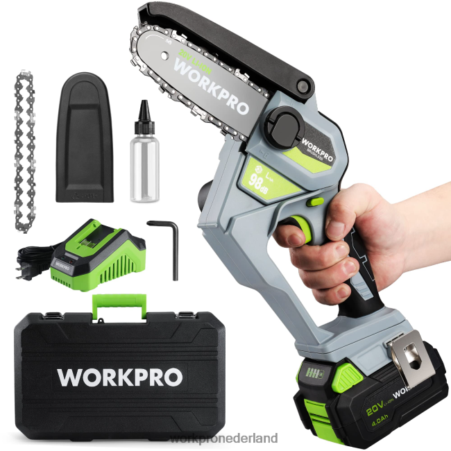 hulpmiddel WORKPRO 20V borstelloze compacte accukettingzaag met 4,0 Ah batterij en vervangende ketting morden 4NVZH8298