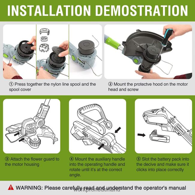 hulpmiddel WORKPRO 20 V draadloze grastrimmer / kantensnijder 12 inch met 2 Ah lithium-ionbatterij Snellader voor 1 uur Inclusief trimmersnoer van 4,5 m behulpzaam 4NVZH8293