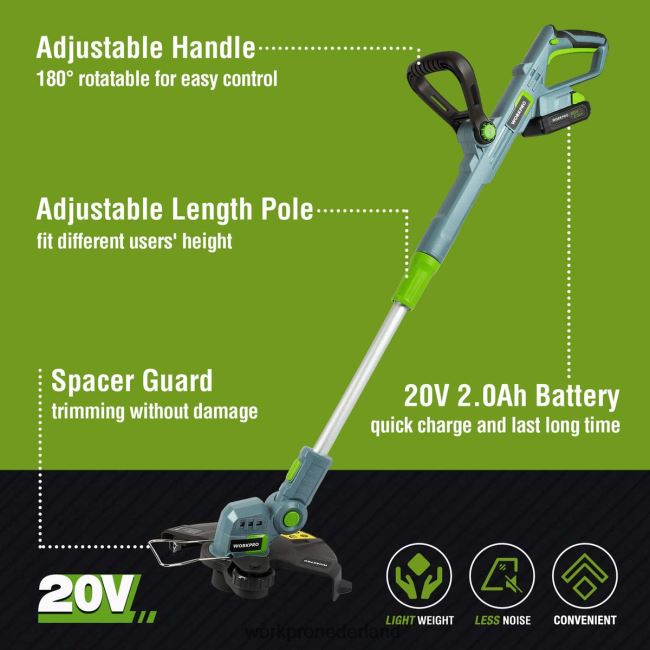 hulpmiddel WORKPRO 20 V draadloze grastrimmer / kantensnijder 12 inch met 2 Ah lithium-ionbatterij Snellader voor 1 uur Inclusief trimmersnoer van 4,5 m behulpzaam 4NVZH8293