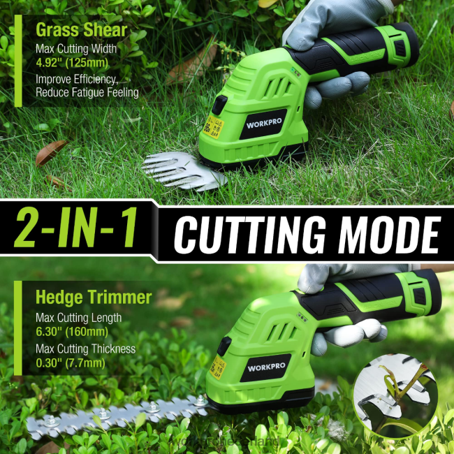 hulpmiddel WORKPRO 2-in-1 12V elektrische draadloze grasheggenschaar en draagbare struikenschaar, met 2,0 Ah oplaadbare lithium-ionbatterij en snellader voor 1 uur morden 4NVZH8301
