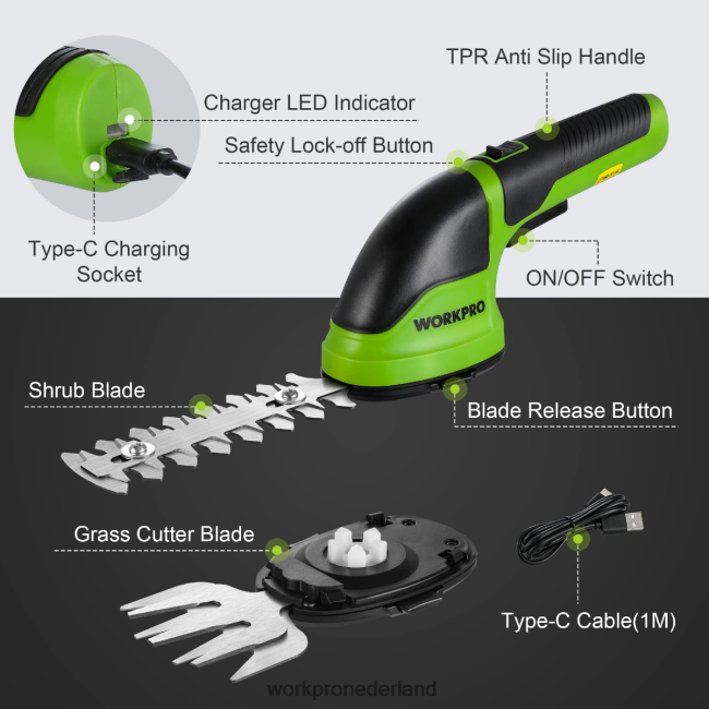 hulpmiddel WORKPRO 2-in-1 draagbare 3,6 V elektrische draadloze struikenschaar, heggenschaar/grasmaaier roze/groen/wit 4NVZH8268