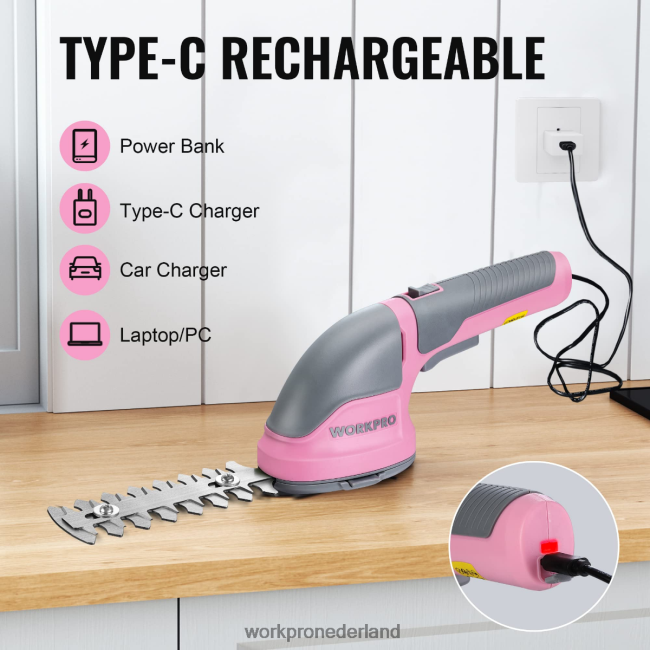 hulpmiddel WORKPRO 2-in-1 draagbare 3,6 V elektrische draadloze struikenschaar, heggenschaar/grasmaaier roze/groen/wit 4NVZH8268
