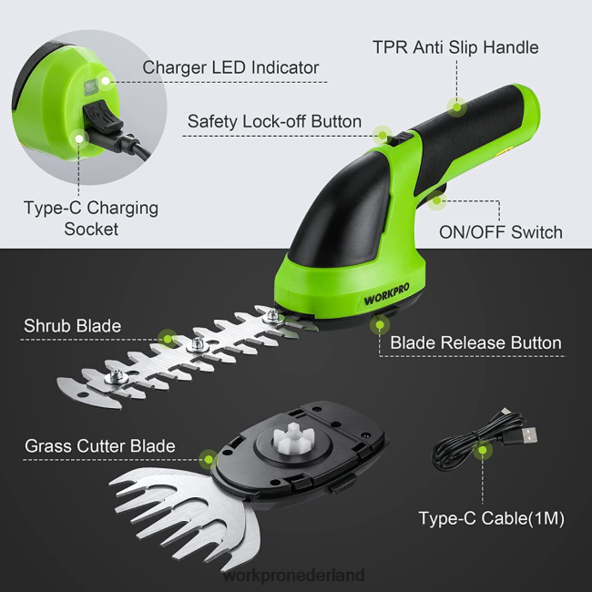 hulpmiddel WORKPRO 2-in-1 draagbare 7,2 V elektrische draadloze struikenschaar, heggenschaar/grasmaaier roze/groen/wit 4NVZH8269