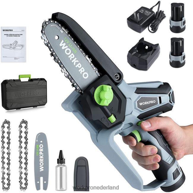 hulpmiddel WORKPRO mini-kettingzaag, draadloze elektrische compacte kettingzaag met 2 accu's, vervangend zaagblad en ketting nieuw 4NVZH8291