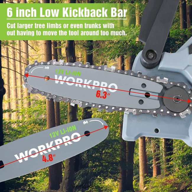hulpmiddel WORKPRO mini-kettingzaag, draadloze elektrische compacte kettingzaag met 2 accu's, vervangend zaagblad en ketting nieuw 4NVZH8291