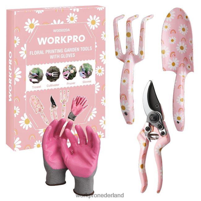 hulpmiddel WORKPRO 4-delige aluminium tuingereedschapset wit/roze 4NVZH8285