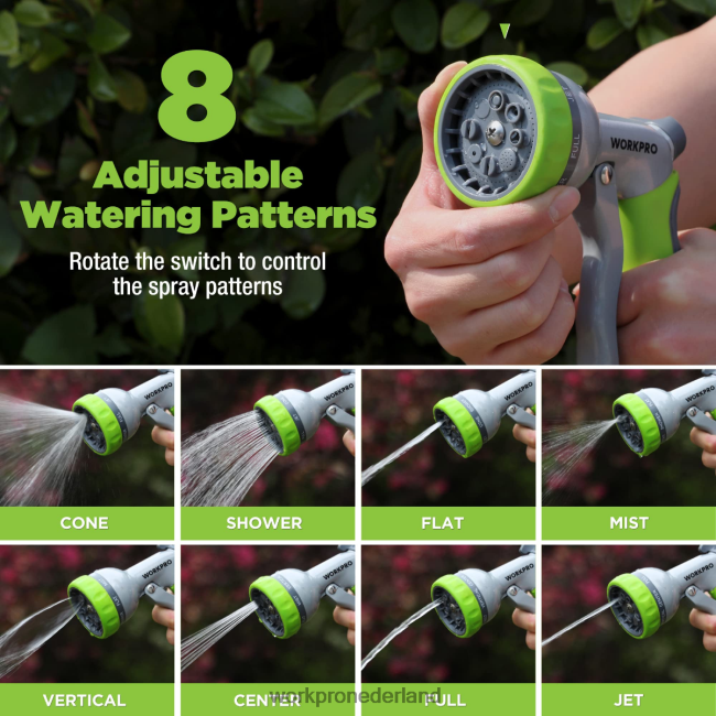 hulpmiddel WORKPRO tuin hogedruk waterslangsproeier met 8 verstelbare bewateringspatronen en duimbediening bruikbaar 4NVZH8288