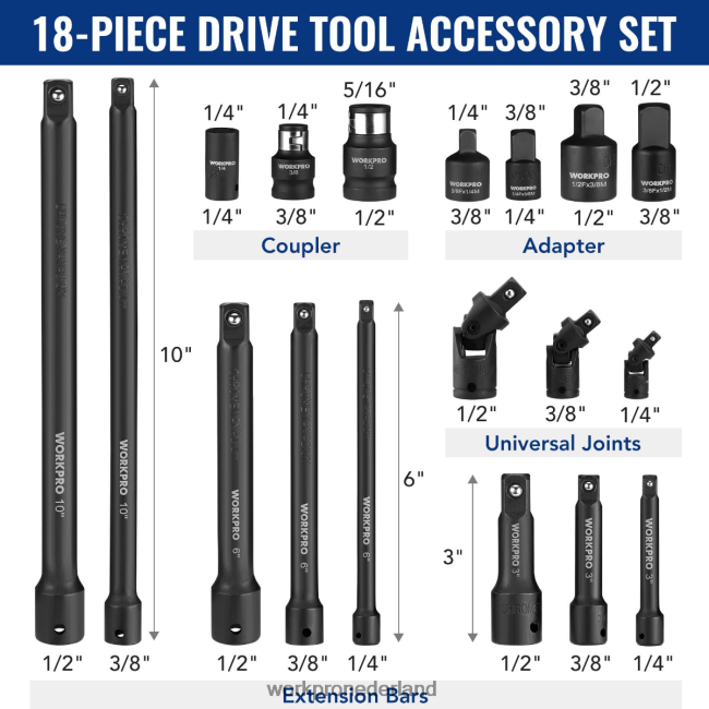hulpmiddel WORKPRO 18-delige accessoireset voor aandrijfgereedschap morden 4NVZH8137