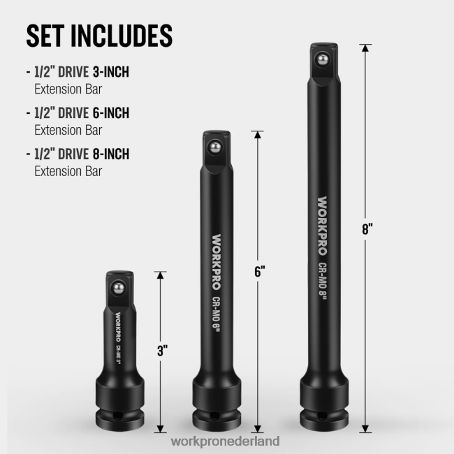 hulpmiddel WORKPRO 3-delige 3, 6, 8 inch 1/2-inch impactverlengingssets met dopsleutels bruikbaar 4NVZH8202
