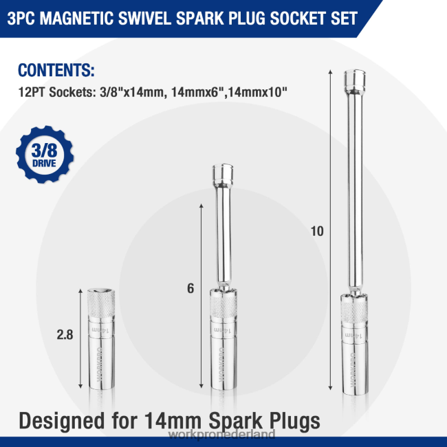 hulpmiddel WORKPRO 3 stuks-14 mm dunne wandcontactdoos met 6- en 10-inch verlengstukkenmagnetische draaibare bougiedopset behulpzaam 4NVZH8143
