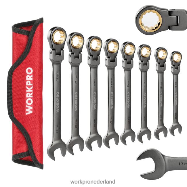 hulpmiddel WORKPRO 8-delige ringratelsleutelset met flexibele kop en organizertas bruikbaar 4NVZH886