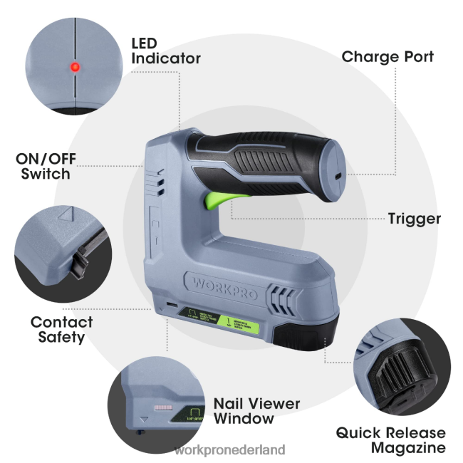 hulpmiddel WORKPRO 3,6 V 2,0 Ah accu-aangedreven elektrisch draadloos 2-in-1 niet- en spijkerpistool roze/grijs 4NVZH8265