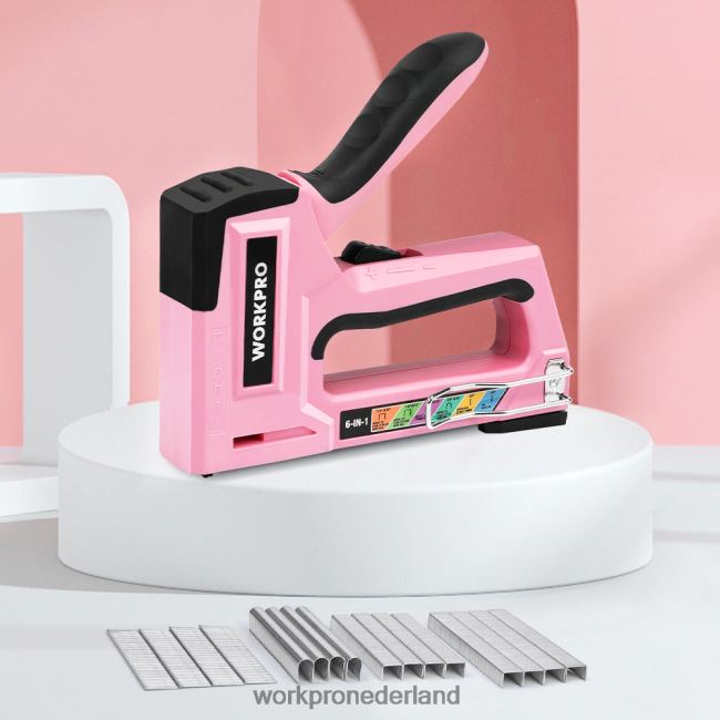 hulpmiddel WORKPRO 6-in-1 handmatige brad-spijkermachine, bekledingsnietmachine, schiethamer roze/grijs 4NVZH859