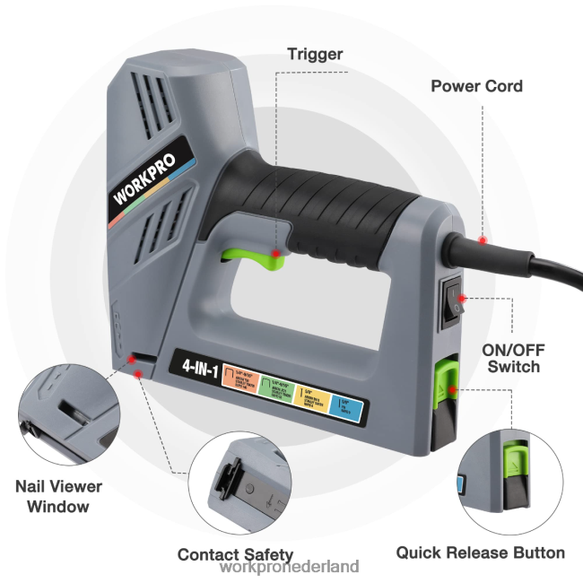 hulpmiddel WORKPRO Elektrisch 4-in-1 schiethamer met snoer, inclusief 3000 stuks nietjes en spijkers behulpzaam 4NVZH860