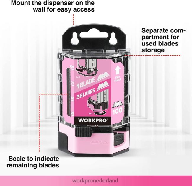 hulpmiddel WORKPRO 100 stuks sk5 koolstofstalen mesbladen vervangend met dispenser rood/roze 4NVZH849