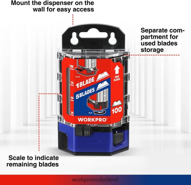 hulpmiddel WORKPRO 100 stuks sk5 koolstofstalen mesbladen vervangend met dispenser rood/roze 4NVZH849