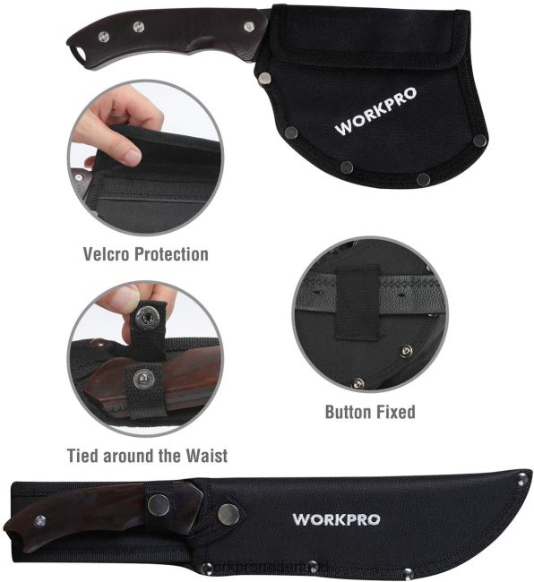 hulpmiddel WORKPRO Bijl met volledig tangvormig houten handvat en een mes met vast mes, comboset met nylon schede bruikbaar 4NVZH848