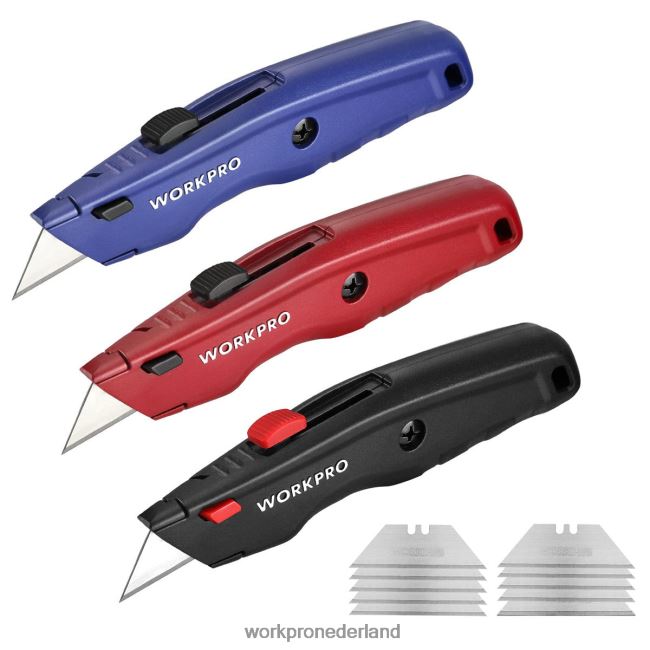 hulpmiddel WORKPRO premium mes, intrekbare, volledig metalen heavy-duty kokermes, scheermes met snelwisselmes, met 10 extra messen zwart/blauw/rood 4NVZH851