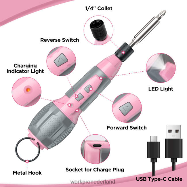 hulpmiddel WORKPRO draadloze 4v USB oplaadbare lithium-ion batterij schroevendraaierset roze/wit 4NVZH8236