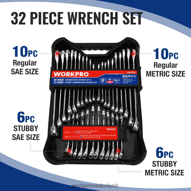 hulpmiddel WORKPRO 32-delige sae- en metrische combinatie, 12-pt normale en stompe moersleutelset morden 4NVZH892