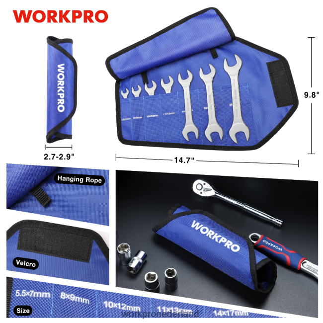hulpmiddel WORKPRO 7-delige metrische superdunne moersleutelset met oprolbaar organizerzakje behulpzaam 4NVZH896