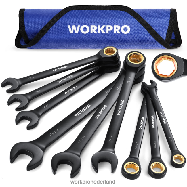 hulpmiddel WORKPRO 9-delige antislip ratelringsteeksleutelset zwart 4NVZH888