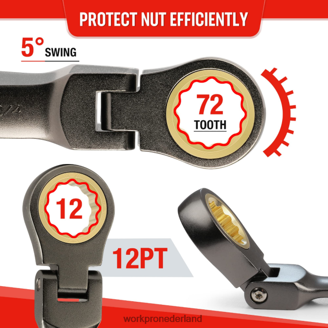 hulpmiddel WORKPRO Set van 8 stompe ringratelsleutels met flexibele kop nieuw 4NVZH882