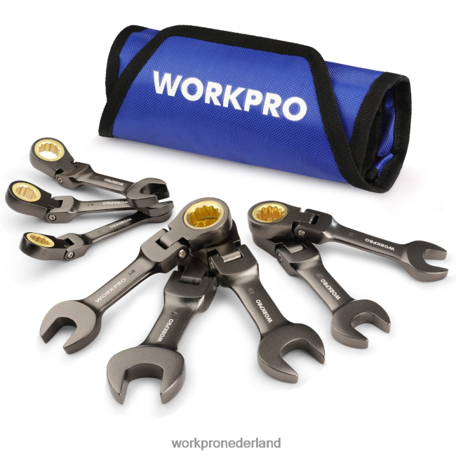 hulpmiddel WORKPRO Set van 8 stompe ringratelsleutels met flexibele kop nieuw 4NVZH882