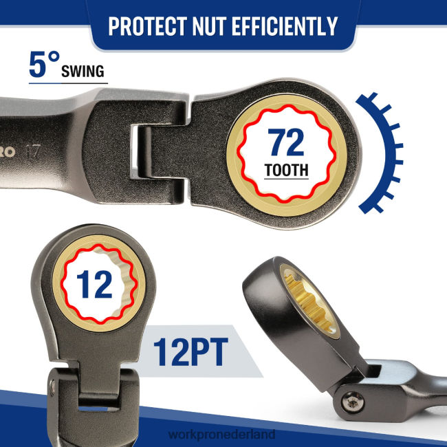 hulpmiddel WORKPRO Set van 8 stompe ringratelsleutels met flexibele kop nieuw 4NVZH882