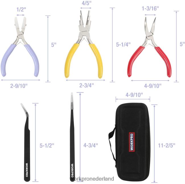 hulpmiddel WORKPRO 5 stuks sieradentangen, sieradengereedschap inclusief 6 in 1 draadlustang, nylon neustang, gebogen neustang, puntig pincet, gebogen pincet bruikbaar 4NVZH875