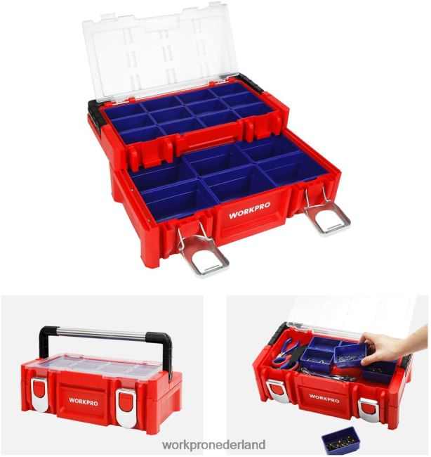opslag WORKPRO 17 inch kunststof gereedschapskist, opbergdoos met afsluitbaar deksel en roestvrijstalen handgreep rood 4NVZH825