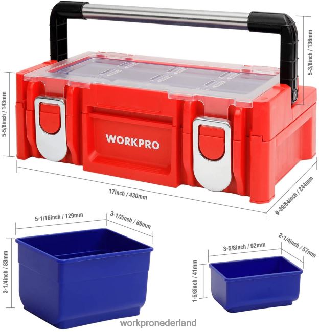 opslag WORKPRO 17 inch kunststof gereedschapskist, opbergdoos met afsluitbaar deksel en roestvrijstalen handgreep rood 4NVZH825