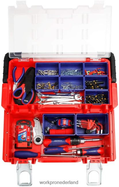 opslag WORKPRO 17 inch kunststof gereedschapskist, opbergdoos met afsluitbaar deksel en roestvrijstalen handgreep rood 4NVZH825