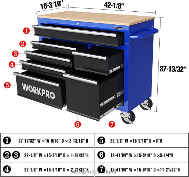opslag WORKPRO 42-inch gereedschapskist met 7 laden en houten blad, uitgerust met zwenkwielen, handgreep, ladevoering en vergrendelingssysteem, laadvermogen van 1000 lbs nieuw 4NVZH826