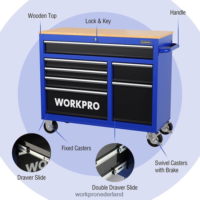 opslag WORKPRO 42-inch gereedschapskist met 7 laden en houten blad, uitgerust met zwenkwielen, handgreep, ladevoering en vergrendelingssysteem, laadvermogen van 1000 lbs nieuw 4NVZH826
