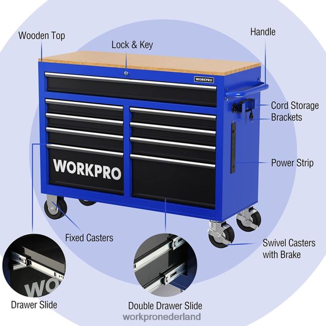 opslag WORKPRO 46-inch gereedschapskist met 9 laden en houten blad, uitgerust met zwenkwielen, handgreep, ladevoering en vergrendelingssysteem, laadvermogen van 1200 lbs morden 4NVZH815