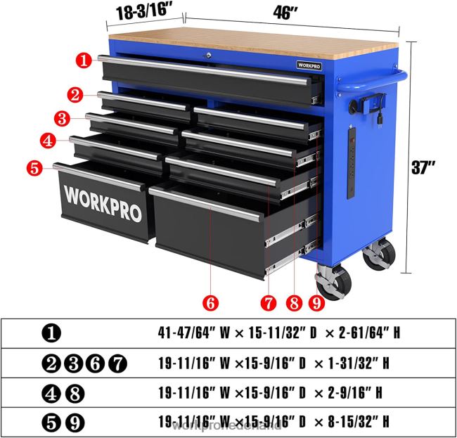 opslag WORKPRO 46-inch gereedschapskist met 9 laden en houten blad, uitgerust met zwenkwielen, handgreep, ladevoering en vergrendelingssysteem, laadvermogen van 1200 lbs morden 4NVZH815