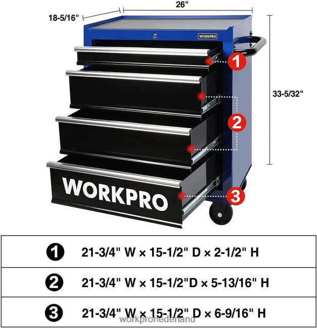 opslag WORKPRO Gereedschapskist met 4 laden, 26-inch verrijdbare metalen opbergkast voor gereedschap met zwenkwielen, vergrendelingssysteem, ladevoering, laadvermogen van 450 lbs morden 4NVZH817
