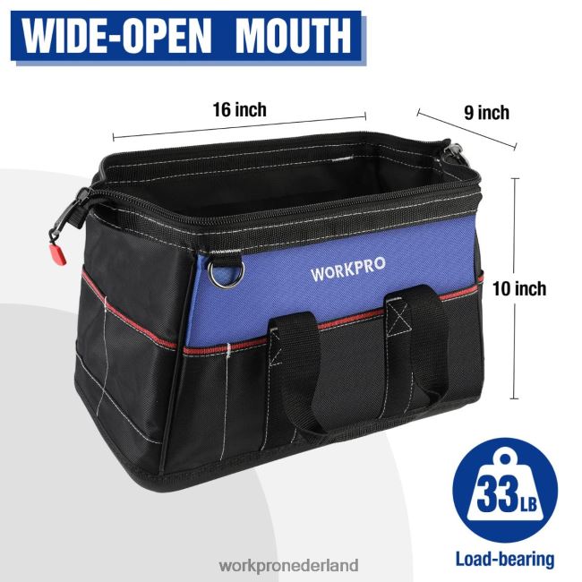 opslag WORKPRO Gereedschapstas van 16 inch met brede opening, robuuste stoffen opbergtas voor gereedschap met waterdichte gegoten bodem, verstelbare schouderriem behulpzaam 4NVZH824
