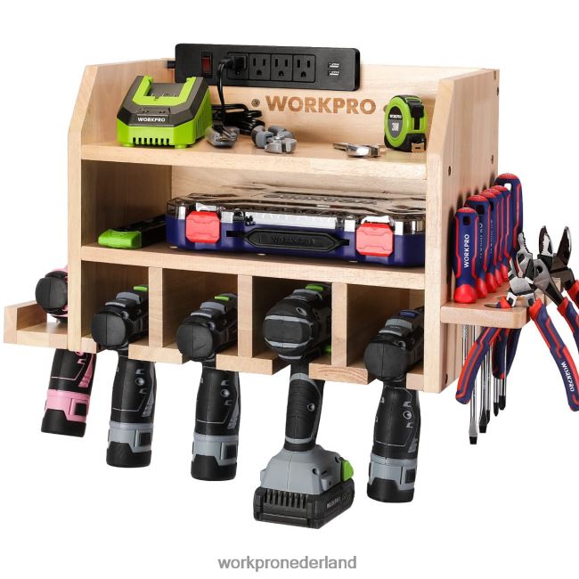 opslag WORKPRO organizer voor elektrisch gereedschap, opbergruimte voor accuboormachines, wandhouder met 5 boorophangsleuven, massief houten gereedschapsopbergruimte behulpzaam 4NVZH819