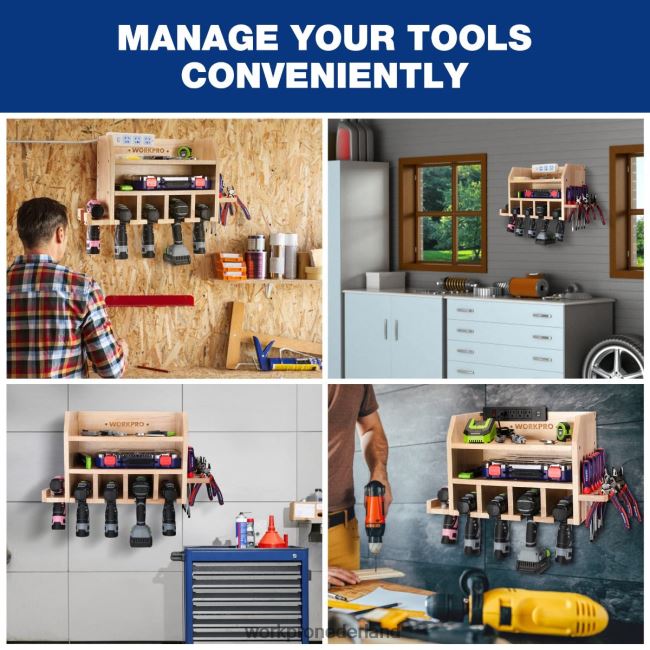 opslag WORKPRO organizer voor elektrisch gereedschap, opbergruimte voor accuboormachines, wandhouder met 5 boorophangsleuven, massief houten gereedschapsopbergruimte behulpzaam 4NVZH819