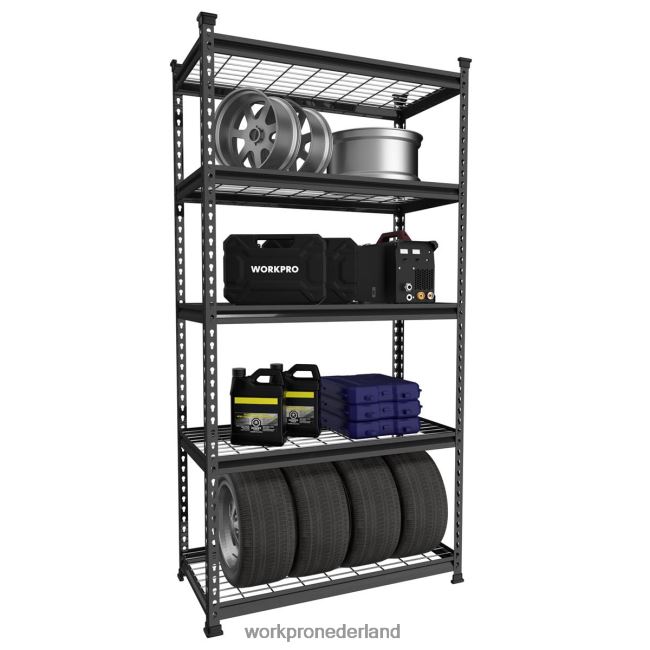 opslag WORKPRO 5-laags metalen opbergrek, verstelbaar opbergrek, zware plank zwart met zilverpatroon 4NVZH86