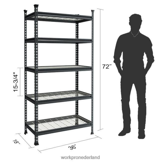 opslag WORKPRO 5-laags metalen opbergrek, verstelbaar opbergrek, zware plank zwart met zilverpatroon 4NVZH86