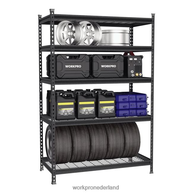 opslag WORKPRO 5-laags metalen opbergrek, verstelbaar opbergrek, zware plank zwart met zilverpatroon 4NVZH86