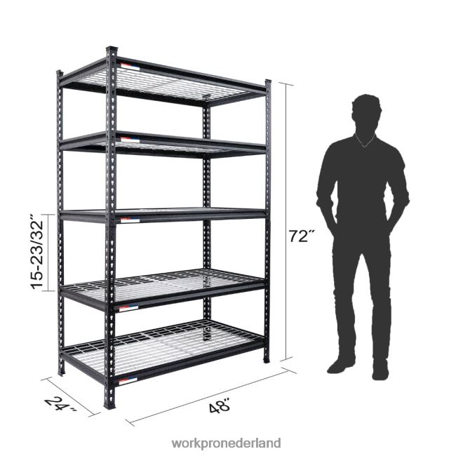opslag WORKPRO 5-laags metalen opbergrek, verstelbaar opbergrek, zware plank zwart met zilverpatroon 4NVZH86
