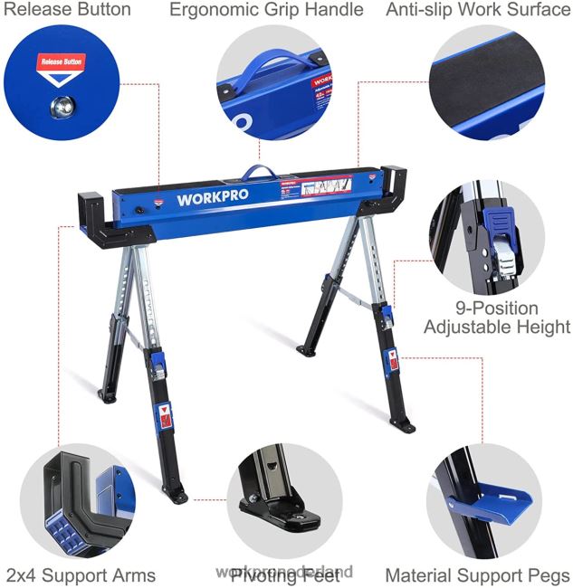 opslag WORKPRO 2 stuks opklapbaar zaagbok, verstelbaar zwaar zaagbok met 2x4 steunarmen, 3000 lbs laadvermogen, 24-32 inch in hoogte verstelbare poten, draaibare voeten en steunharingen nieuw 4NVZH835
